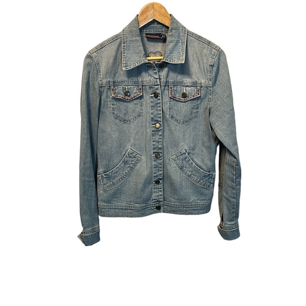 DENVER HAYES Denim Beaded Detail Button Up Stretch Jean Jacket M